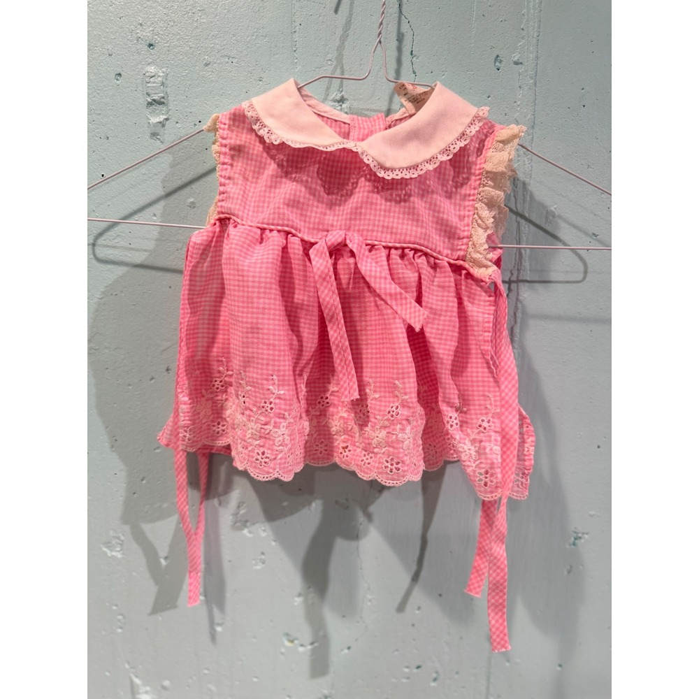 Vintage‎ Pink Gingham Lace Eyelet Baby Top Peter Pan Collar 12 Months USA Made